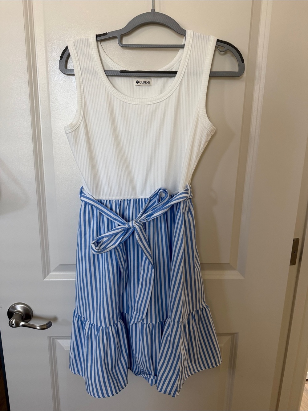 Cupshe White Ribbed Tank with Blue Striped Tie-Waist Dress